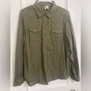 Japna Army Green Women's Large Long Sleeve Collared Button Down EUC